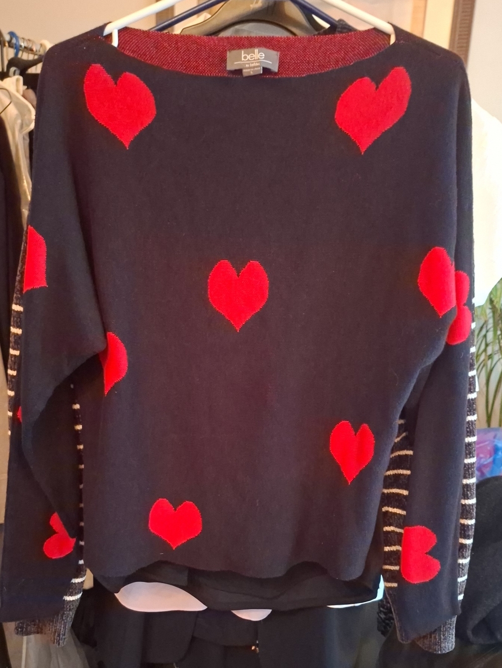 Belle Black, Crewneck Sweater with Red Heart Motif